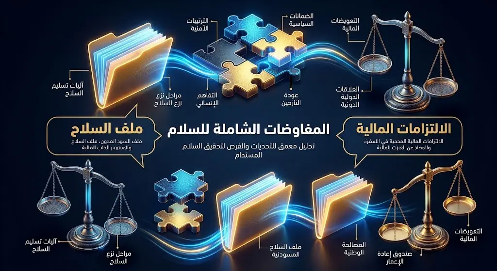 تصميم بياني يستعرض الملفات الشائكة في مباحثات وقف إطلاق النار، وأبرزها السلاح والالتزامات المالية.