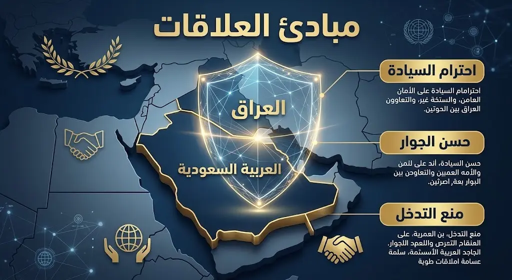 إنفوجرافيك أو تصميم مفاهيمي يوضح المبادئ الأساسية الحاكمة للعلاقات بين السعودية والعراق، مع التركيز على احترام السيادة وحسن الجوار.