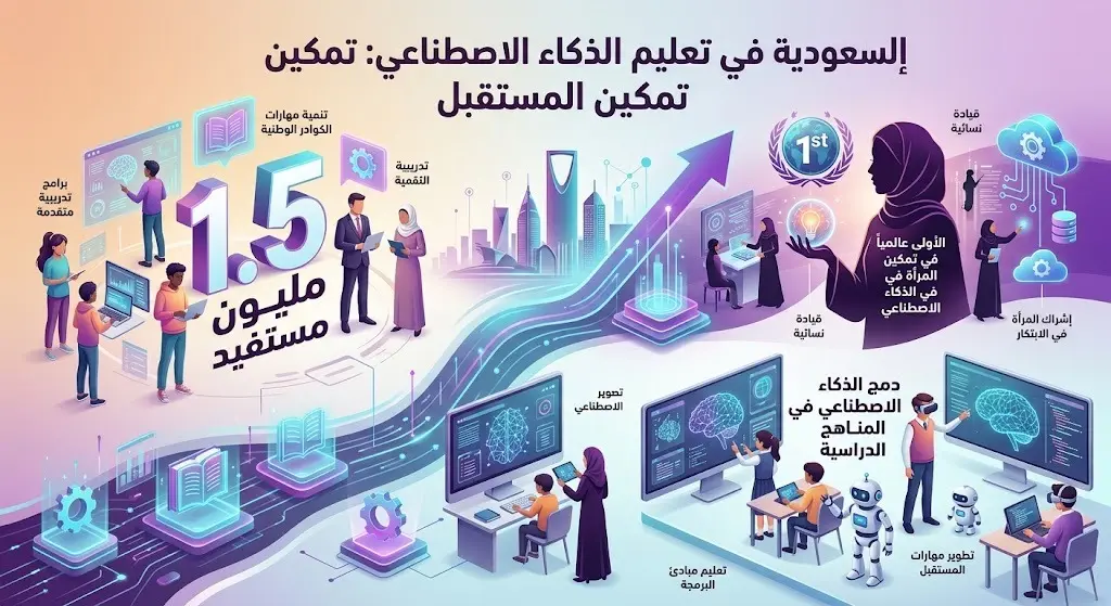 إنفوجرافيك يبرز إنجازات المملكة في دمج الذكاء الاصطناعي بالتعليم وتدريب أكثر من 1.5 مليون مستفيد وتحقيق الريادة في تمكين المرأة.
