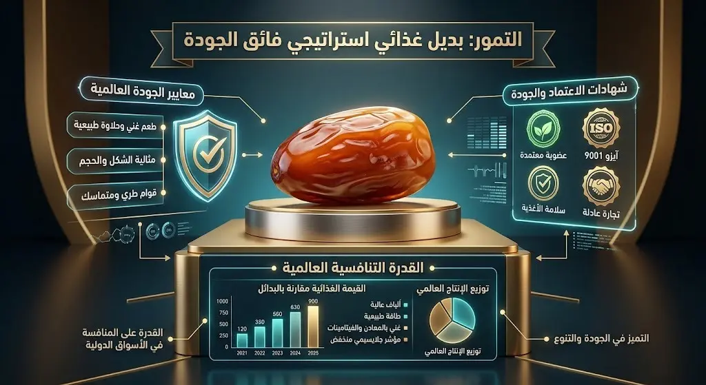 عرض مرئي احترافي يبرز معايير الجودة العالية للتمور ومدى تنافسيتها في سوق الأغذية الدولي