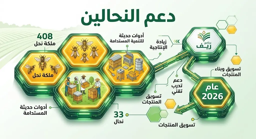 تصميم معلوماتي يبرز أرقام الدعم الحكومي لقطاع النحل في نجران، موضحاً توزيع 408 ملكات نحل، ومستهدفات برنامج ريف لعام 2026.