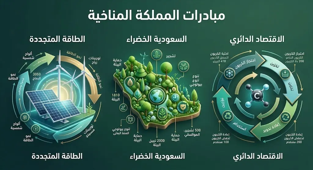 إنفوجرافيك احترافي ثلاثي الأبعاد يستعرض مبادرات المملكة العربية السعودية المناخية، مبرزاً ركائز الطاقة المتجددة، ومبادرة السعودية الخضراء، وتطبيق نهج الاقتصاد الدائري للكربون.