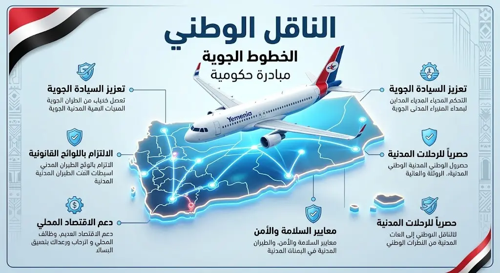 تصميم معلوماتي يعرض مبادرة الحكومة الشرعية لتسيير الرحلات المدنية حصرياً عبر الخطوط الجوية اليمنية كناقل وطني.