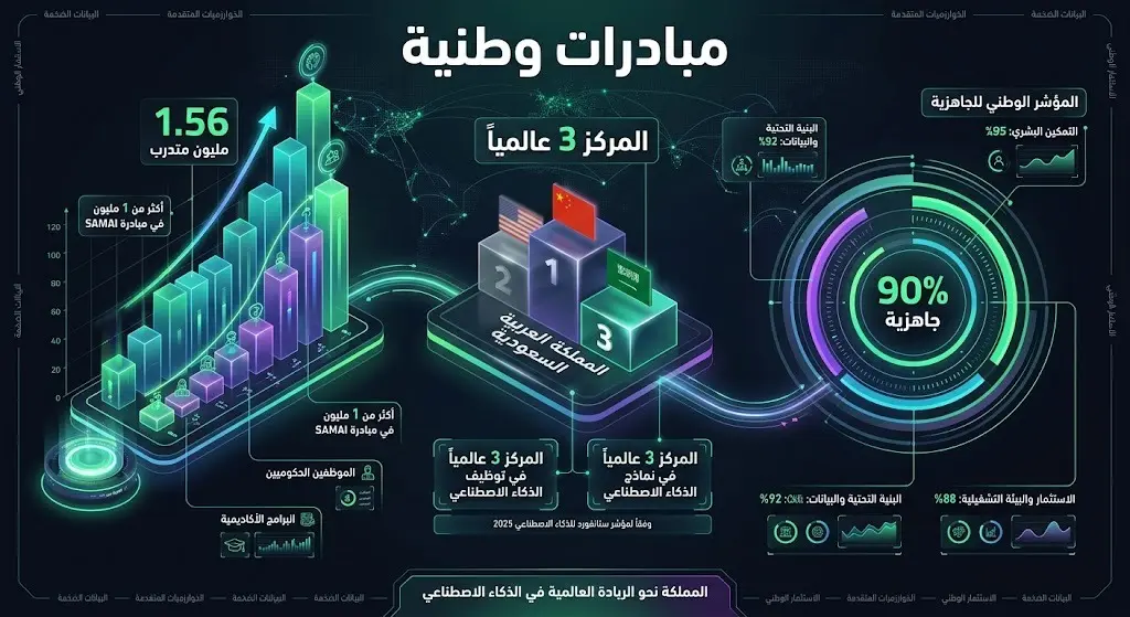 إنفوجرافيك احترافي يستعرض إحصاءات مبادرة مليون مستفيد، وتجاوز عدد المتدربين 1.56 مليون، مع إبراز جاهزية الخريجين والمراكز العالمية للمملكة.
