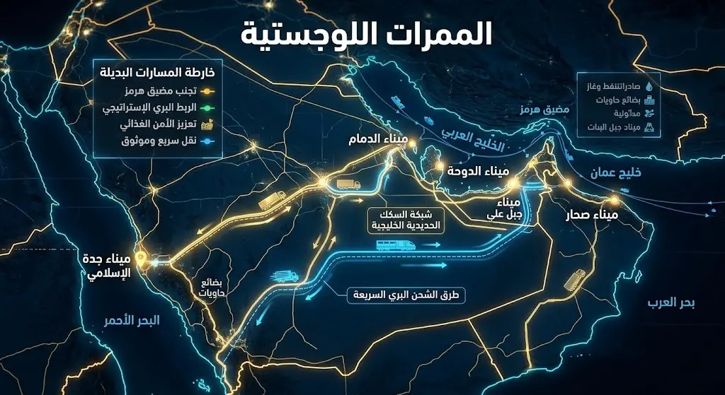 خريطة بصرية توضح الممرات اللوجستية البديلة لنقل البضائع من الخليج العربي إلى موانئ البحر الأحمر.