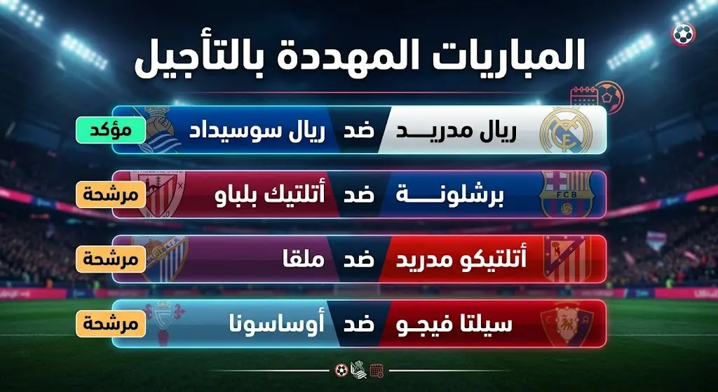 بطاقة معلومات بصرية تعرض قائمة مباريات الجولة الأولى من الدوري الإسباني المهددة بالتأجيل مع حالة كل مباراة.