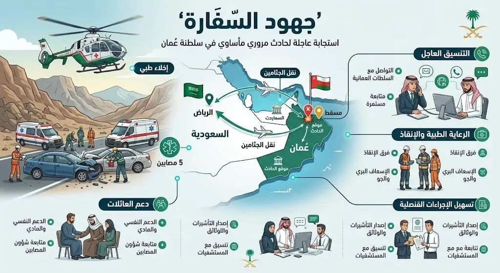 إنفوجرافيك يوضح جهود السفارة السعودية في سلطنة عمان للتعامل مع حادث السير، من إخلاء طبي ونقل للمصابين والجثامين.