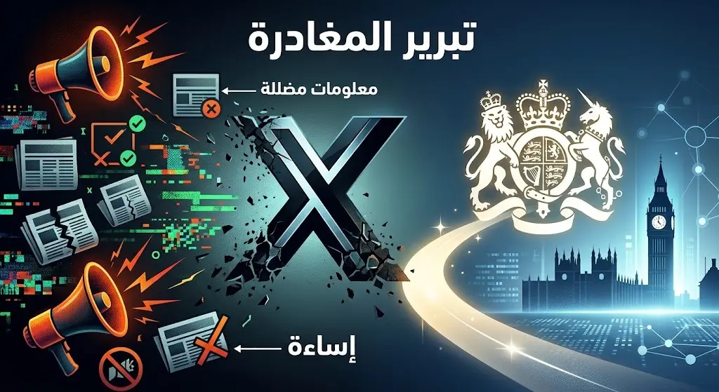 رسم تعبيري وإنفوجرافيك يوضح أسباب انسحاب وزارة الثقافة البريطانية من منصة إكس بسبب تزايد المعلومات المضللة والإساءات الرقمية.