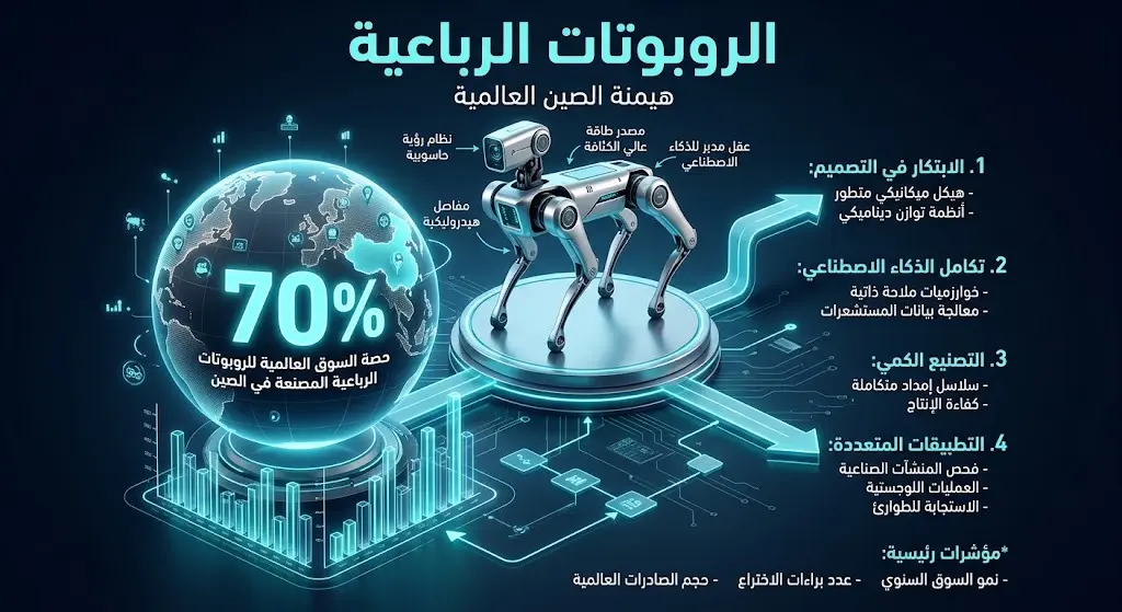 إنفوجرافيك ثلاثي الأبعاد يظهر روبوتاً رباعي الأطراف مع نسبة 70%، ليعكس هيمنة الشركات الصينية على المبيعات العالمية خلال النصف الأول من عام 2026.