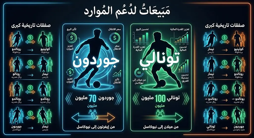 تصميم مرئي يعرض أبرز مبيعات لاعبي نيوكاسل يونايتد مثل أنتوني جوردون وساندرو تونالي بمبالغ ضخمة لدعم ميزانية النادي وتجنب العقوبات.