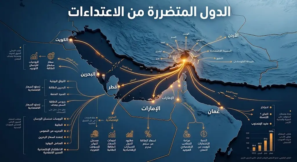 إنفوجرافيك يوضح خريطة مضيق هرمز والدول الإقليمية المتضررة من الاعتداءات على الملاحة البحرية.