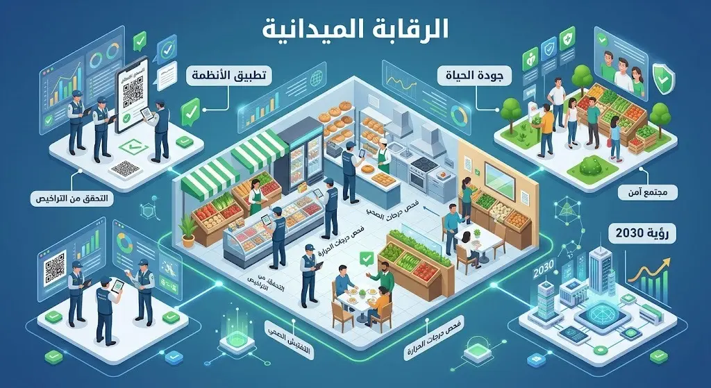 إنفوجرافيك تعبيري يجسد متابعة الأنشطة التجارية وتطبيق الأنظمة الرقابية والاشتراطات الصحية في المنشآت بما يتوافق مع أهداف جودة الحياة.