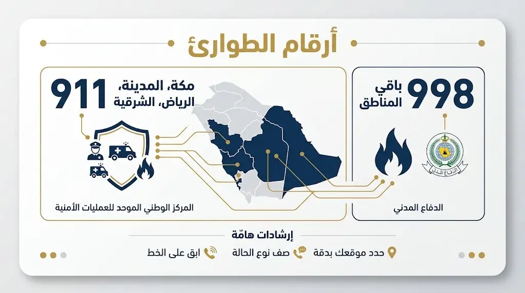 تصميم بياني يستعرض أرقام طوارئ الدفاع المدني في المملكة، 911 لمناطق محددة و998 لبقية المناطق.