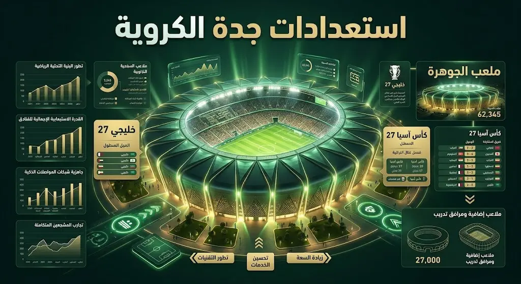 إنفوجرافيك يستعرض استعدادات وملاعب مدينة جدة لاستضافة بطولتي خليجي 27 وكأس آسيا 2027