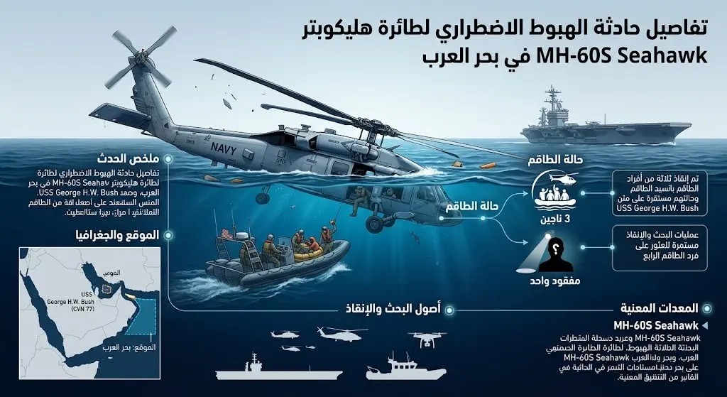 إنفوجرافيك يوضح تفاصيل الهبوط الاضطراري لمروحية تابعة للبحرية الأمريكية في بحر العرب مع إحصائية لعدد الناجين والمفقودين.