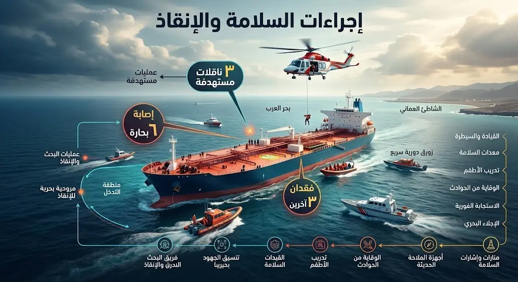 إنفوجرافيك يوضح جهود مركز الأمن البحري العماني في عمليات الإنقاذ وإجلاء طواقم ناقلات النفط المستهدفة.