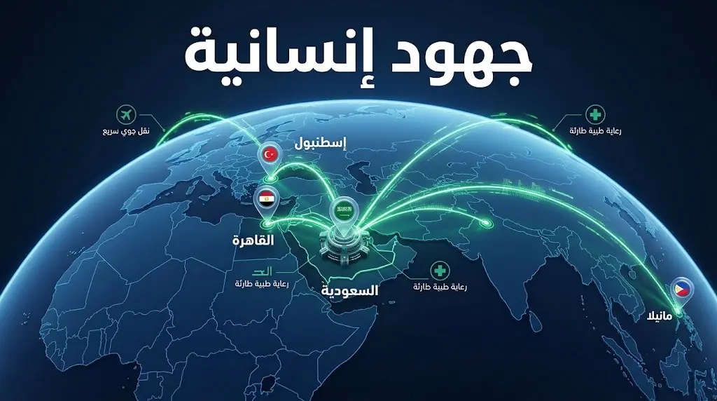 إنفوجرافيك بخريطة عالمية مضيئة يبرز شبكة الرحلات الإنسانية والإخلاء الطبي من عدة دول مثل الفلبين ومصر وتركيا باتجاه المملكة.