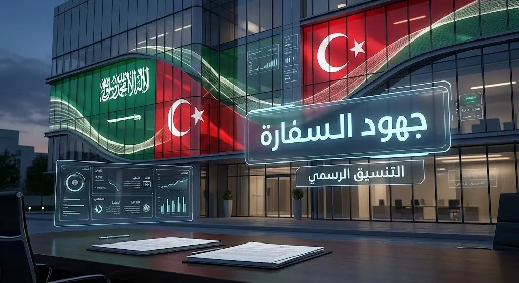 تصميم تحريري احترافي يعبر عن الجهود الدبلوماسية والتنسيق المشترك بين الجهات الرسمية السعودية والتركية.