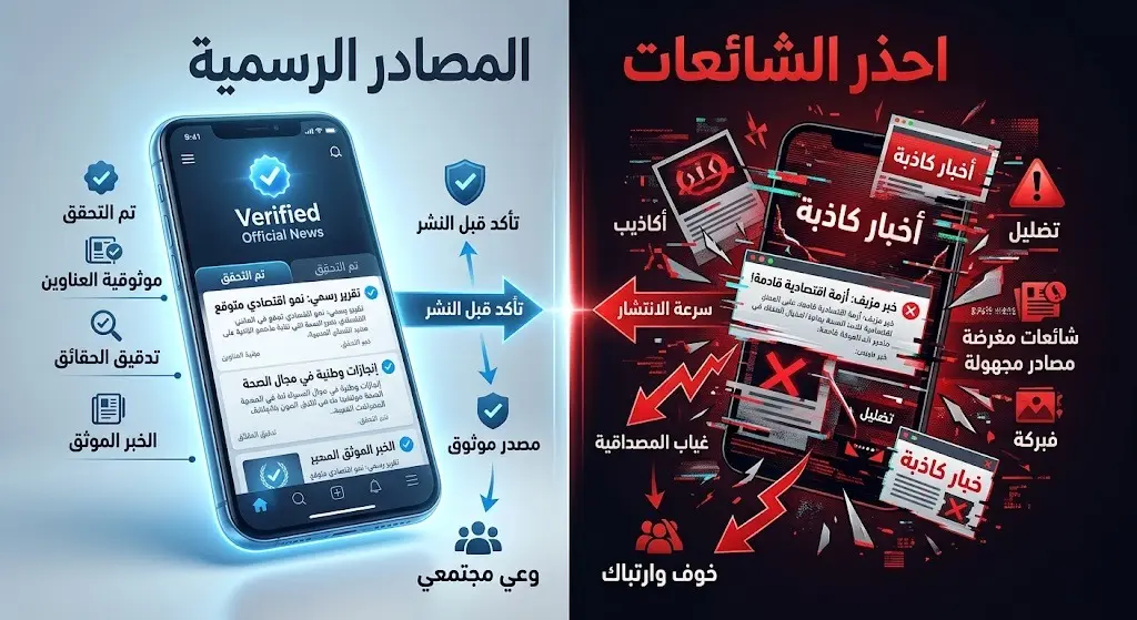 تصميم بصرى يقارن بين الاعتماد على المصادر الرسمية الموثوقة للأخبار وتجنب الانسياق وراء الشائعات المضللة.