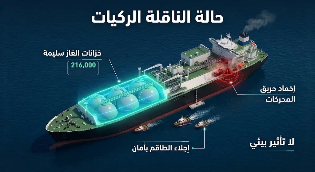 إنفوجرافيك خبري دقيق يستعرض حالة ناقلة الغاز 'الركيات'، مبيناً سلامة الخزانات وإجلاء الطاقم بسلام، مع تحديد موقع الإصابة في غرفة المحركات.