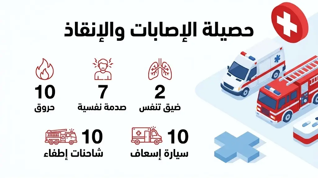 إنفوجرافيك يوضح تفاصيل الإصابات وحصيلة التدخل الطبي لفرق الحماية المدنية في حادثة دار الأيتام