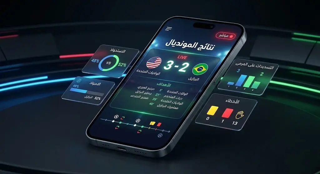 تصميم عصري لهاتف ذكي يعرض واجهة مبتكرة لتطبيق رياضي يتابع نتائج ومباريات كأس العالم 2026 لحظة بلحظة.
