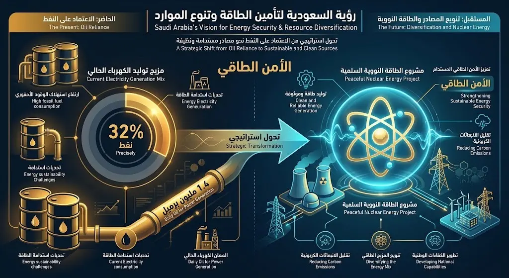 تصميم إنفوجرافيك يوضح نسبة استخدام النفط في توليد الكهرباء في السعودية وأهمية التحول نحو الطاقة النووية لتحقيق الأمن الطاقي وتنويع المصادر.