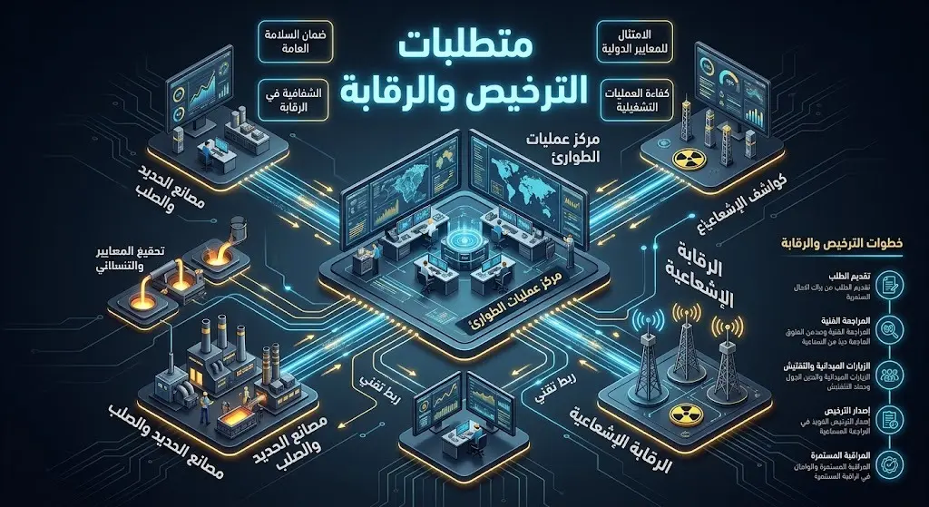 إنفوجرافيك يوضح الربط التقني المباشر بين بوابات الكشف الإشعاعي في المصانع ومركز عمليات الطوارئ