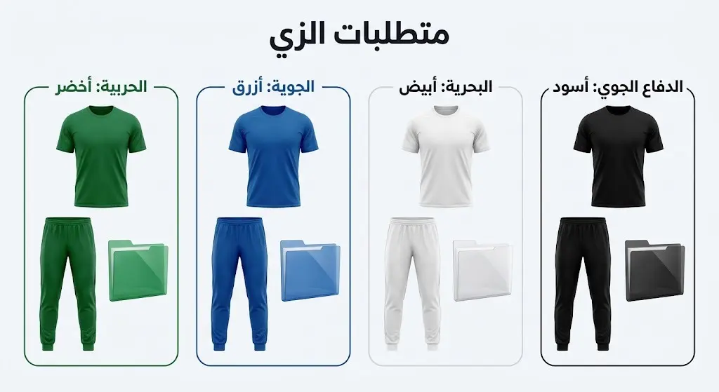 تصميم مرئي يعرض متطلبات الزي وألوان الملفات لكل كلية عسكرية؛ الأخضر للحربية، والأزرق للجوية، والأبيض للبحرية، والأسود للدفاع الجوي.
