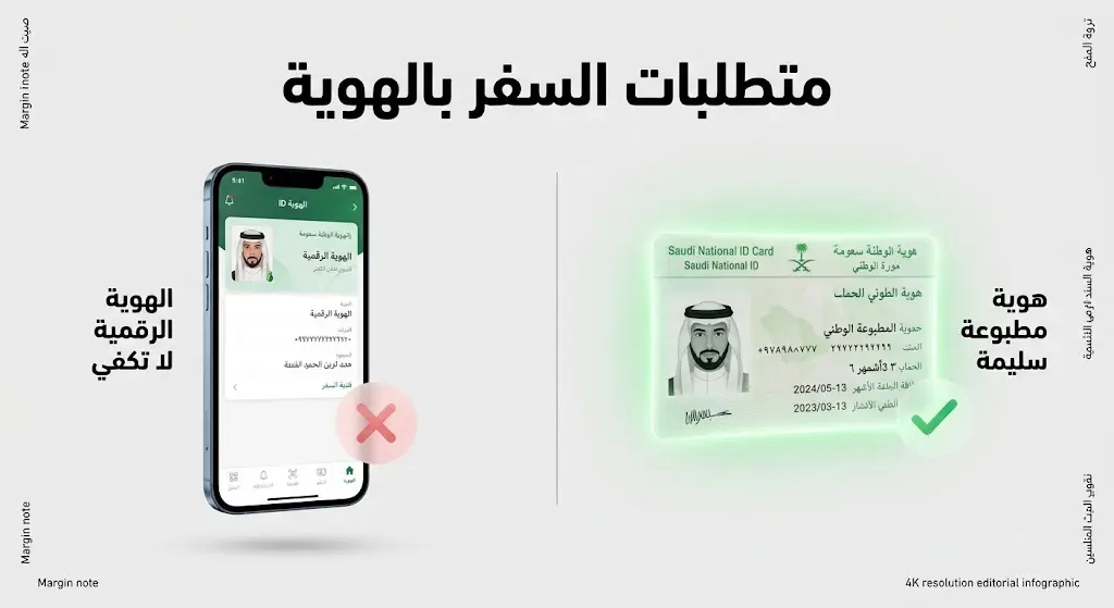 إنفوجرافيك يوضح شروط السفر بالهوية الوطنية لدول الخليج، مبيناً قبول الهوية المطبوعة ورفض الرقمية.