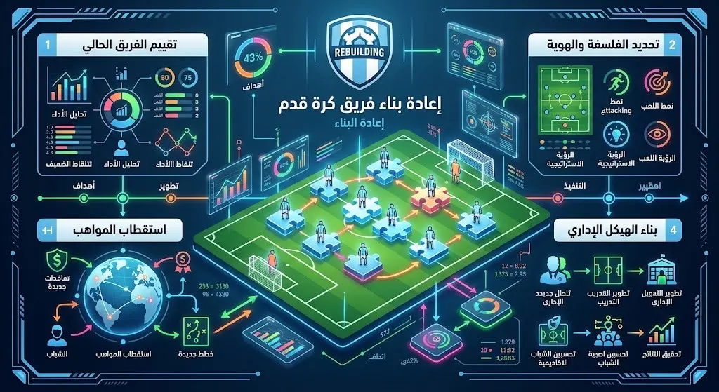 إنفوجرافيك تكتيكي إبداعي يوضح خطة إعادة بناء المنتخب الأرجنتيني من الصفر وتجاوز صدمة الخسارة، مزود بعناوين وتسميات عربية دقيقة.