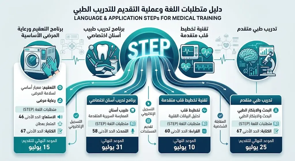 إنفوجرافيك بياني يوضح الحد الأدنى لدرجات اختبار ستيب STEP والمواعيد النهائية للتقديم في البرامج الصحية الأربعة لعام 2026.