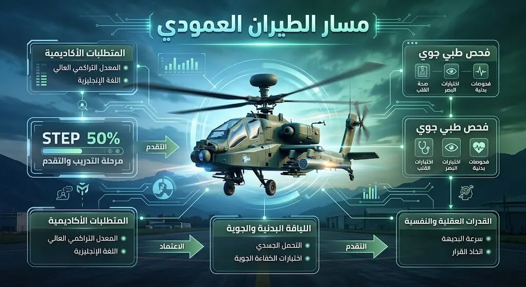 تصميم مرئي متطور يستعرض متطلبات مسار الطيران العمودي، تتوسطه طائرة مروحية مع مؤشرات لاختبار اللغة الإنجليزية والفحص الطبي.