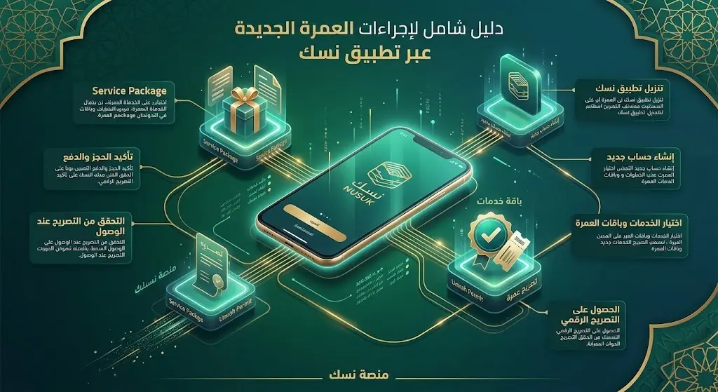 إنفوجرافيك يوضح خطوات ومتطلبات تأشيرة العمرة من حجز باقة الخدمات وإصدار التصريح عبر منصة نسك