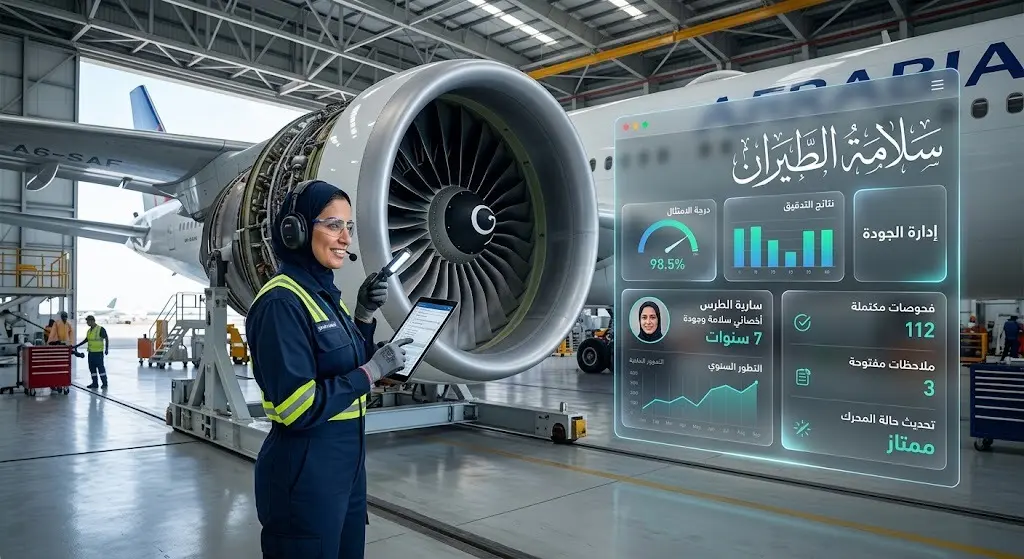 مشهد احترافي لمهندس يختبر محرك طائرة مع واجهة رقمية تعرض متطلبات الجودة والسلامة لوظيفة كبير الأخصائيين.