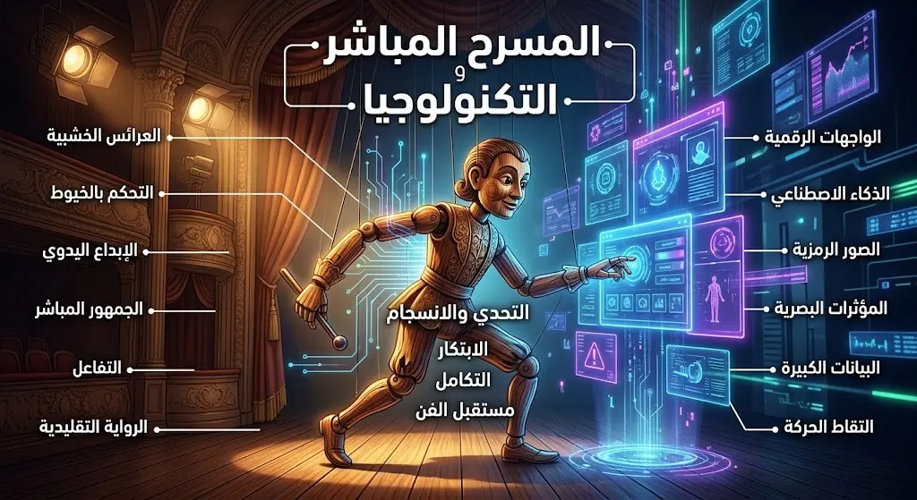 صورة تعبيرية تظهر التباين والدمج بين الفنون المسرحية الكلاسيكية للعرائس والتكنولوجيا الرقمية الحديثة عبر الشاشات.