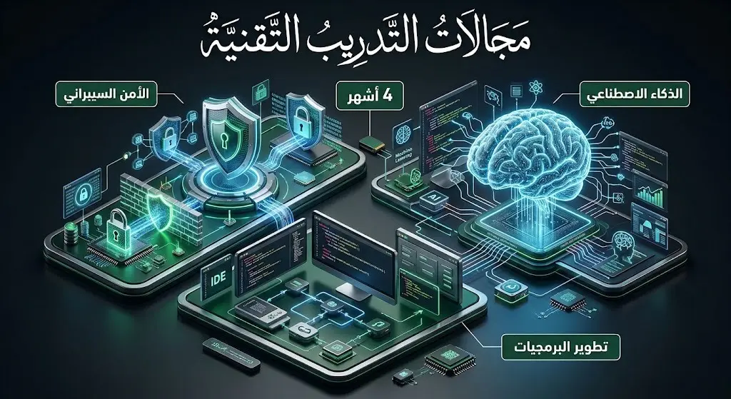 إنفوجرافيك يستعرض مجالات التدريب التقنية لوزارة الداخلية شاملة الذكاء الاصطناعي والأمن السيبراني.