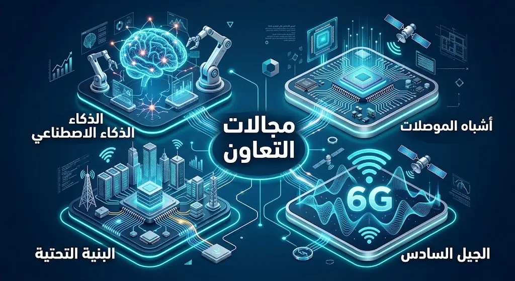 تصميم إنفوجرافيك تقني مبتكر يستعرض مجالات التعاون الأربعة: الذكاء الاصطناعي، أشباه الموصلات، البنية التحتية الرقمية، وتقنيات الجيل السادس