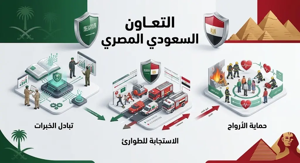 إنفوجرافيك يوضح مجالات التعاون بين الدفاع المدني السعودي والمصري، والتي تشمل تبادل الخبرات، الاستجابة للطوارئ، وحماية الأرواح.