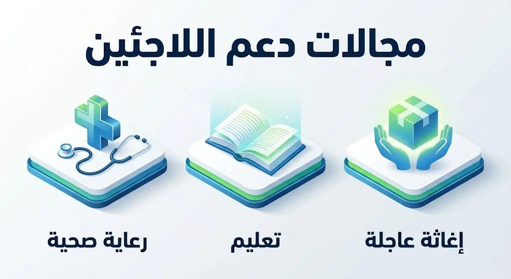 إنفوجرافيك يوضح مجالات الدعم الرئيسية التي تقدمها الأونروا للاجئين الفلسطينيين، وتشمل الرعاية الصحية، التعليم، والإغاثة الإنسانية العاجلة.
