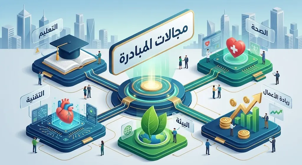 إنفوجرافيك عصري يبرز القطاعات المستهدفة في مبادرة جامعة الملك خالد، والتي تشمل التعليم، الصحة، البيئة، التقنية، وريادة الأعمال لدعم التنمية المحلية.