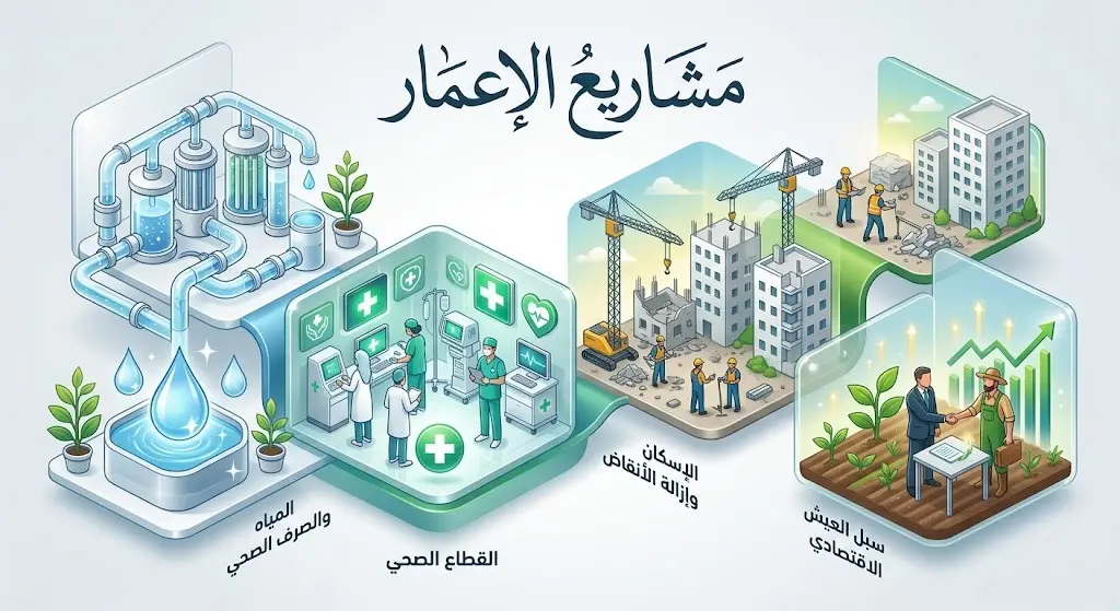 تصميم بصري يستعرض قطاعات عمل صندوق هورايزن الأربعة: المياه، الصحة، الإسكان، وإنعاش سبل العيش في غزة.
