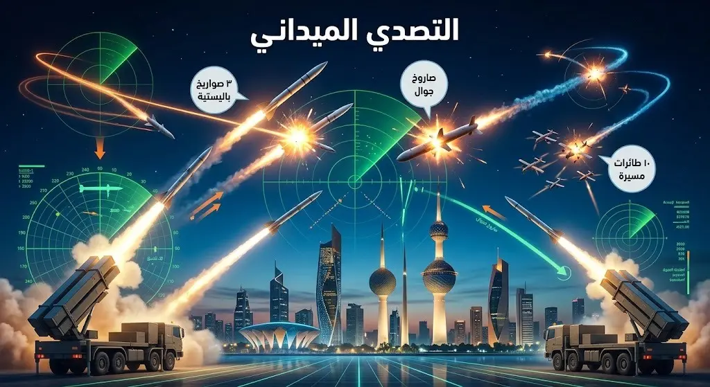 تصميم إنفوجرافيك يوضح اعتراض منظومات الدفاع الجوي الكويتية لصواريخ وطائرات مسيرة معادية في سماء الليل مع إحصاءات بالأرقام للعمليات.