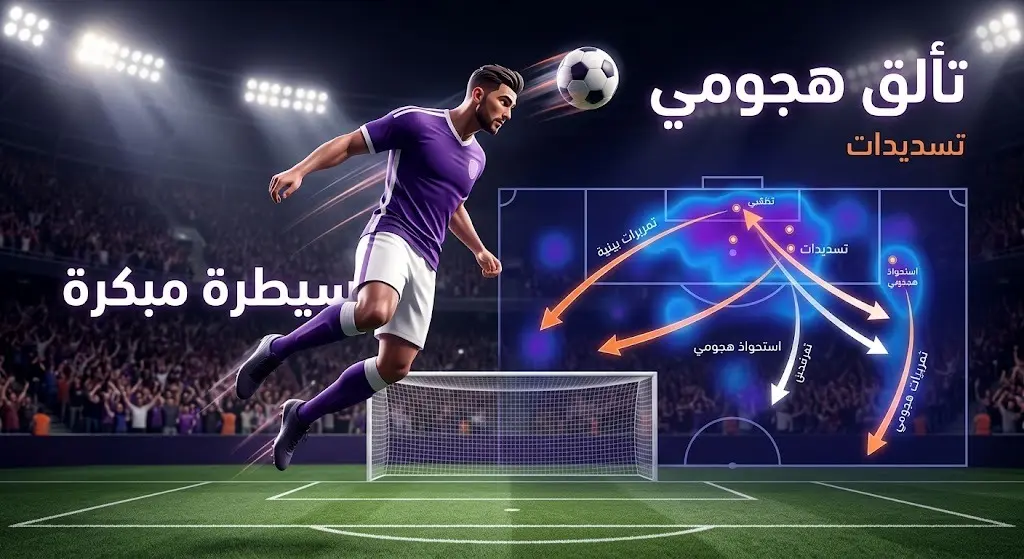 تصميم إبداعي يجسد التألق الهجومي والضغط التكتيكي لنادي العين خلال الشوط الأول والذي أسفر عن أهداف مبكرة.