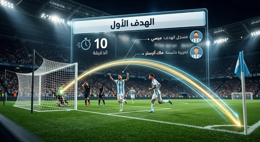 إنفوجرافيك يوضح مسار الهدف الأول للمنتخب الأرجنتيني برأسية ماك أليستر إثر ركنية ميسي