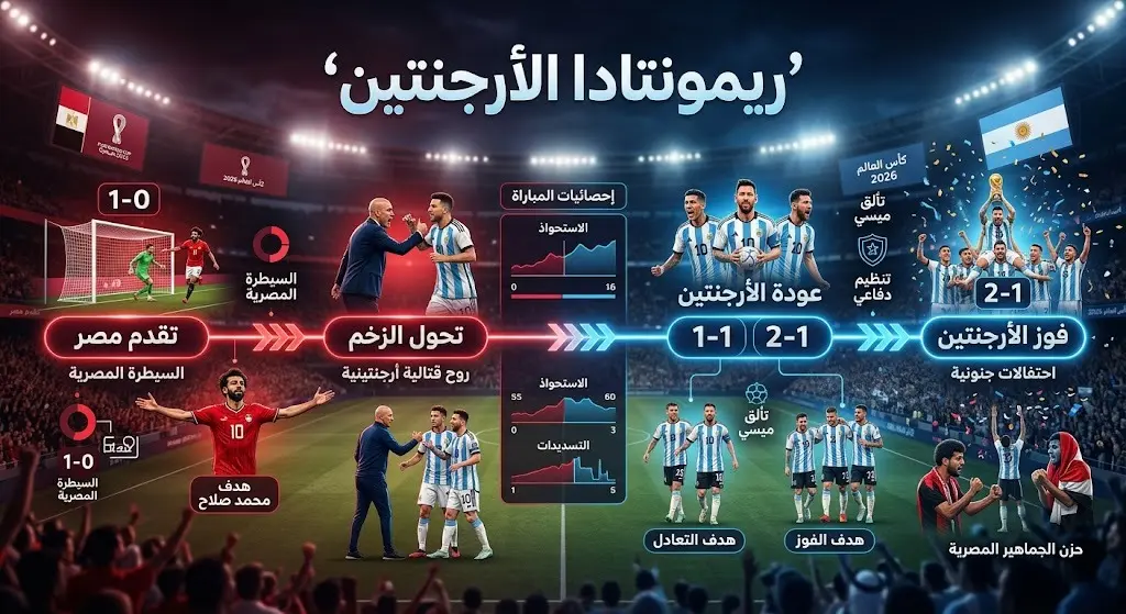 رسم بياني زمني يوضح تطور نتيجة مباراة الأرجنتين ومصر في كأس العالم 2026 وتفاصيل العودة الدرامية