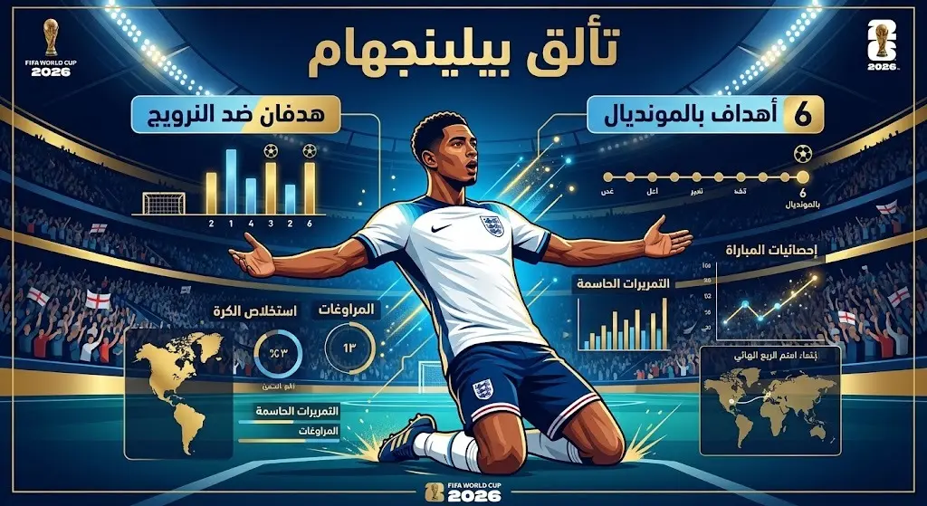 إنفوجرافيك رياضي يستعرض إحصائيات وأهداف جود بيلينجهام مع المنتخب الإنجليزي في كأس العالم وتألقه أمام النرويج