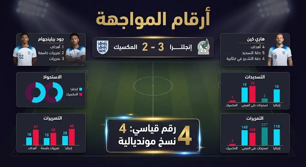 إنفوجرافيك رياضي يستعرض نتيجة مباراة إنجلترا والمكسيك 3-2، وأبرز مسجلي الأهداف، مع تسليط الضوء على الرقم القياسي لجوردان هندرسون بمشاركته في 4 نسخ من كأس العالم.