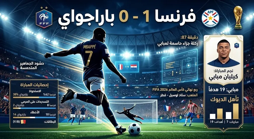إنفوجرافيك رياضي يوضح فوز فرنسا على باراجواي بهدف نظيف وتألق مبابي