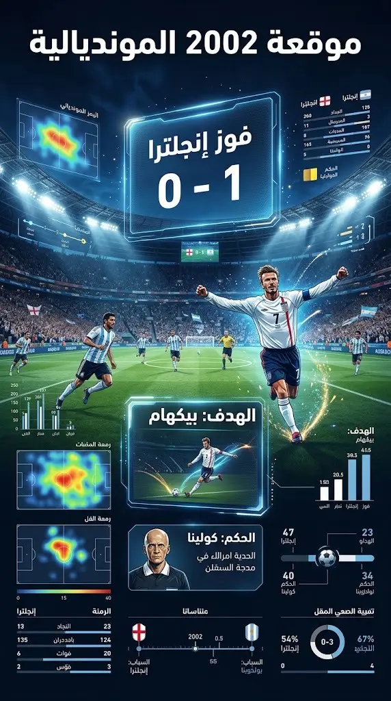 إنفوجرافيك رياضي يستعرض تفاصيل وأحداث مباراة إنجلترا والأرجنتين في كأس العالم 2002، متضمناً النتيجة ومسجل الهدف.
